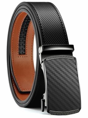 Men's Black Carbon Fiber Automatic Leather Belt with Brown Interior
